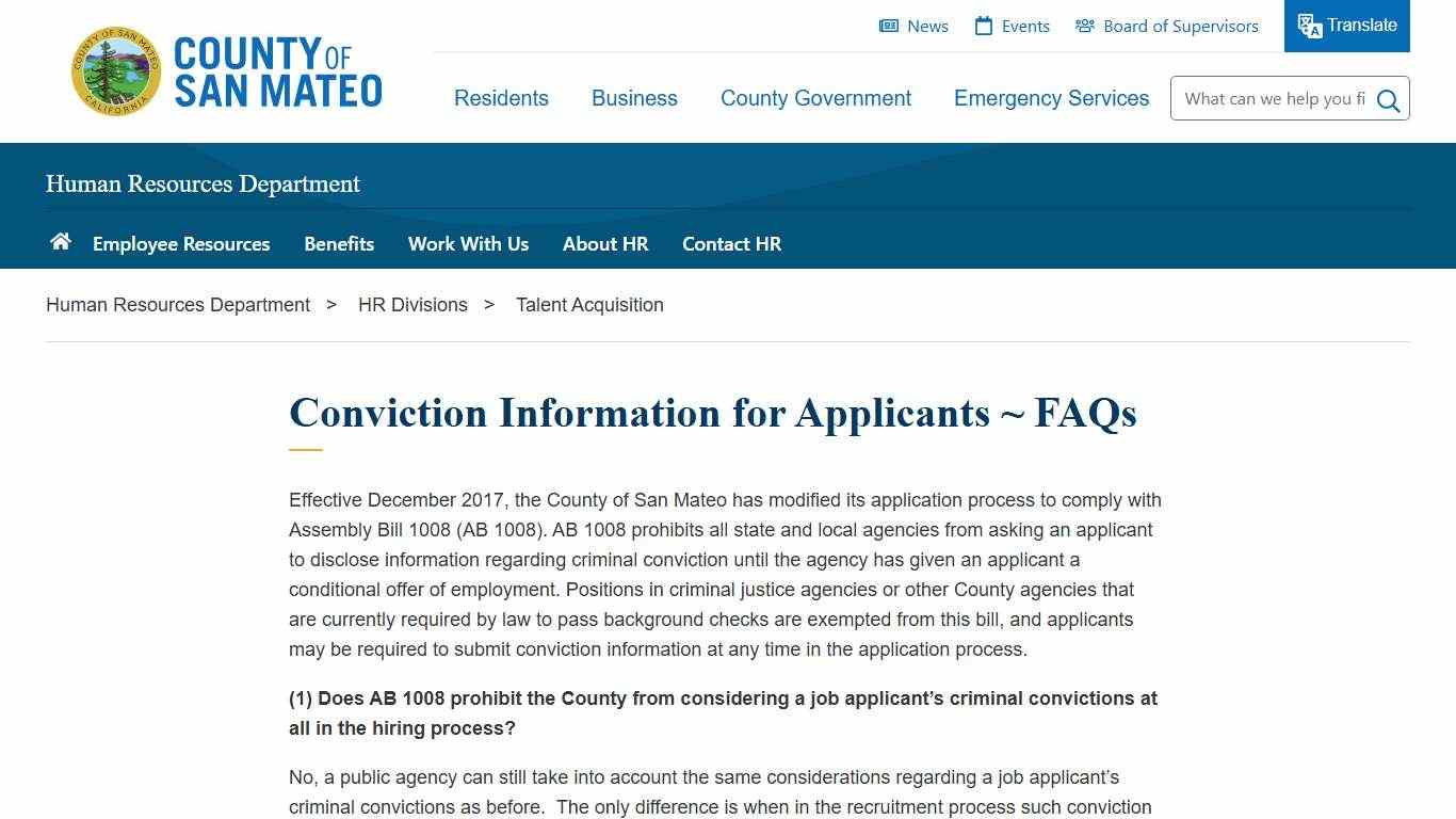 Conviction Information for Applicants ~ FAQs County of San Mateo, CA